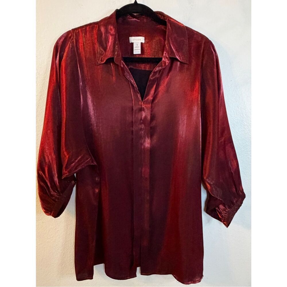 Chico’s Blouse Burgundy Sateen 3/4 Balloon Sleeves Popover Size 1 (medium 8)